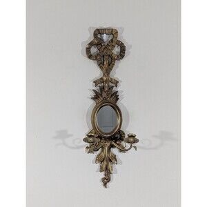Vintage Italian Giltwood Bow Top Botanical Decor Mirror Two Candle Wall Sconce